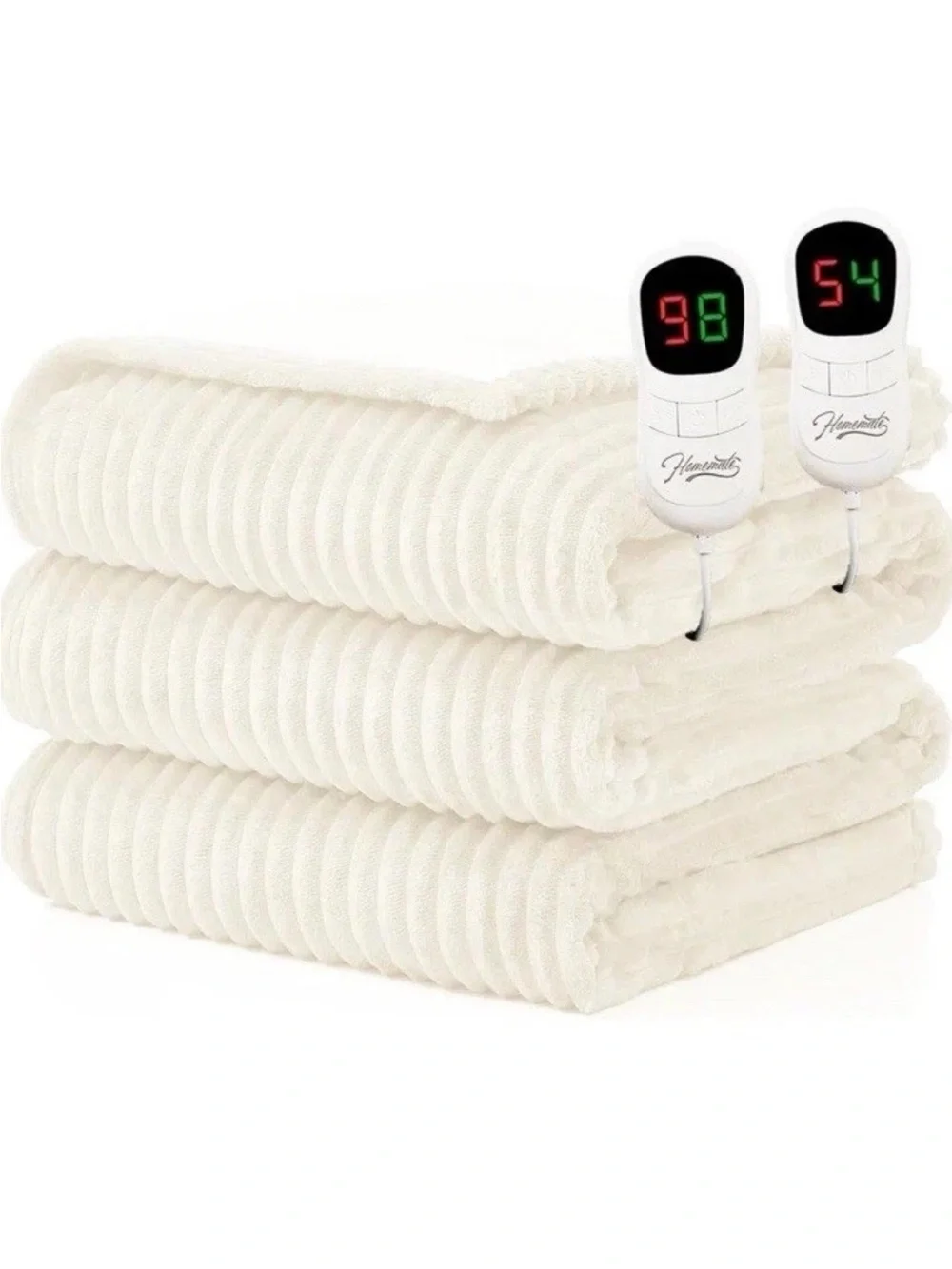 Electric Heated Throw Blanket - Cream Plush with Dual Controllers King Size